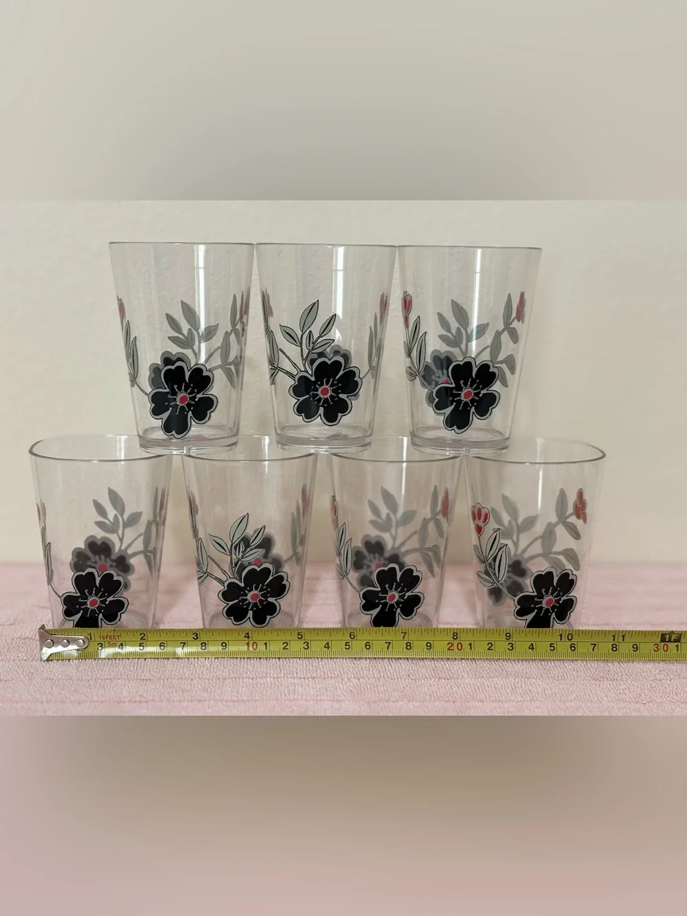 Corelle set of 7 acrylic Glass Tumblers 8 oz with Black Floral and Red Accent